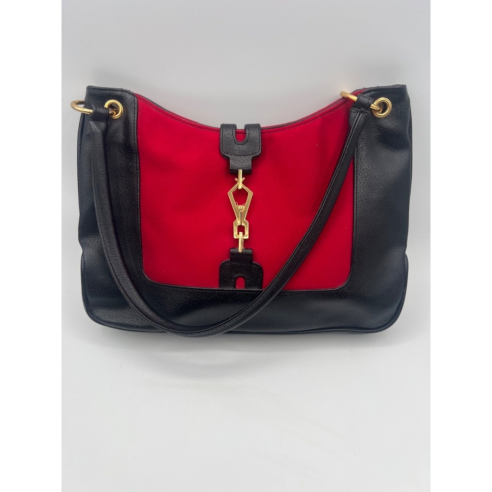 Vintage Red Black Shoulder Handbag Gold Clasp Faux Leather Purse Satchelโ Tote